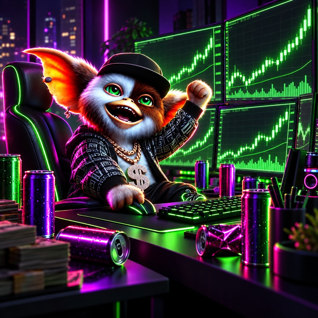 Pookie at a midnight trading desk full of green candles