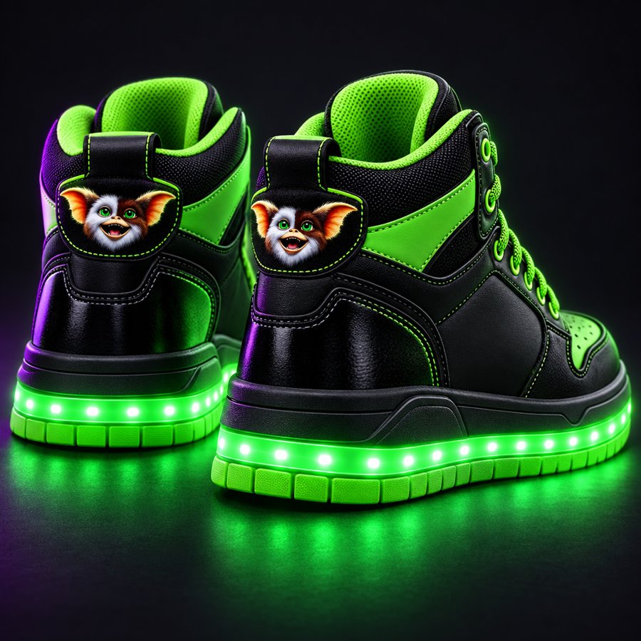 Black and neon green high-top sneakers with glowing LED soles and a Pookie face on the heel